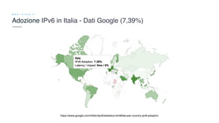 3
w w w . i n r e t e . i t
Adozione IPv6 in Italia - Dati Google (7,39%)
https://www.google.com/intl/en/ipv6/statistics.h...