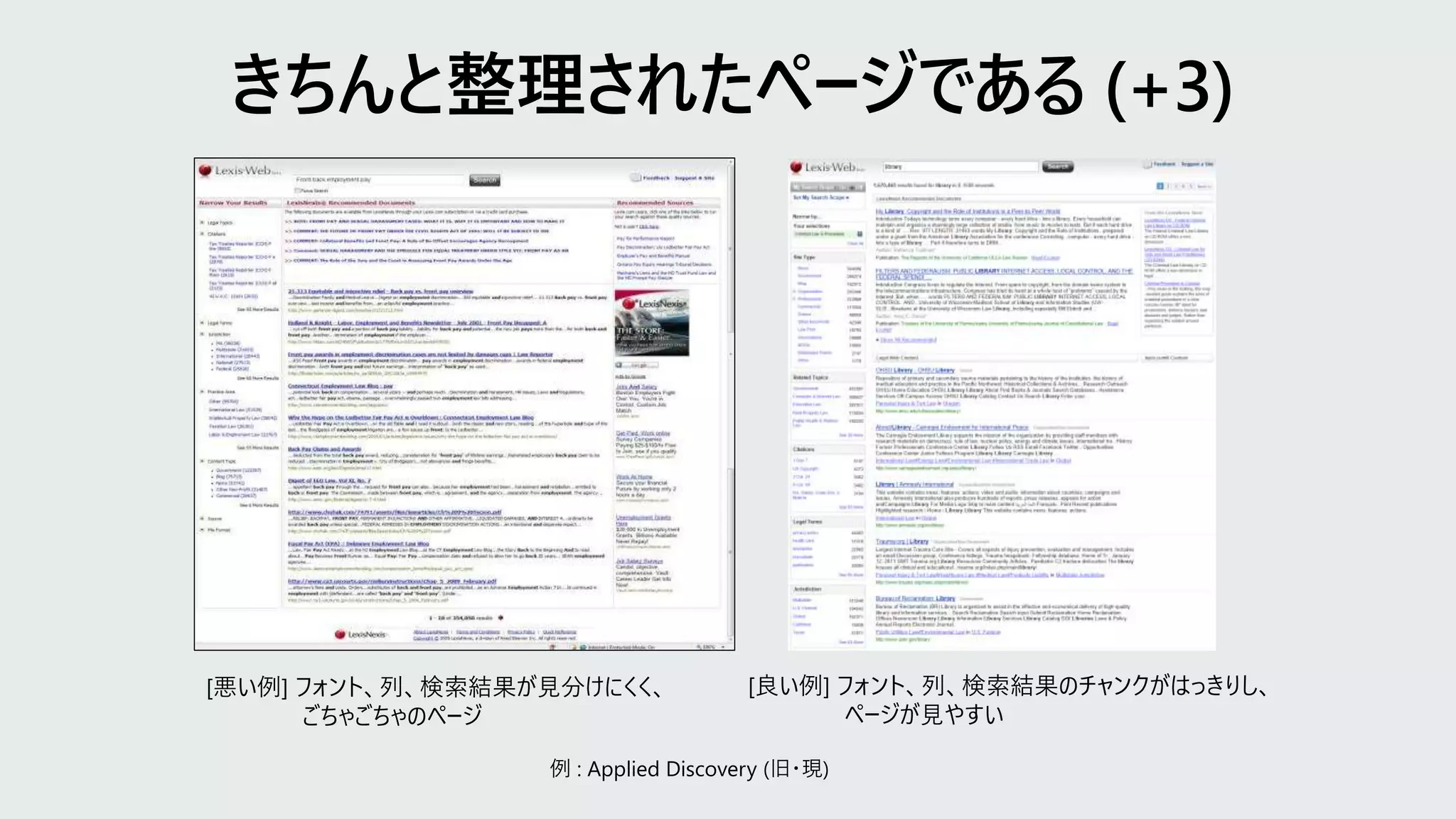 [悪い例] フォント、列、検索結果が見分けにくく、
ごちゃごちゃのページ
[良い例] フォント、列、検索結果のチャンクがはっきりし、
ページが見やすい
例 : Applied Discovery (旧・現)
 