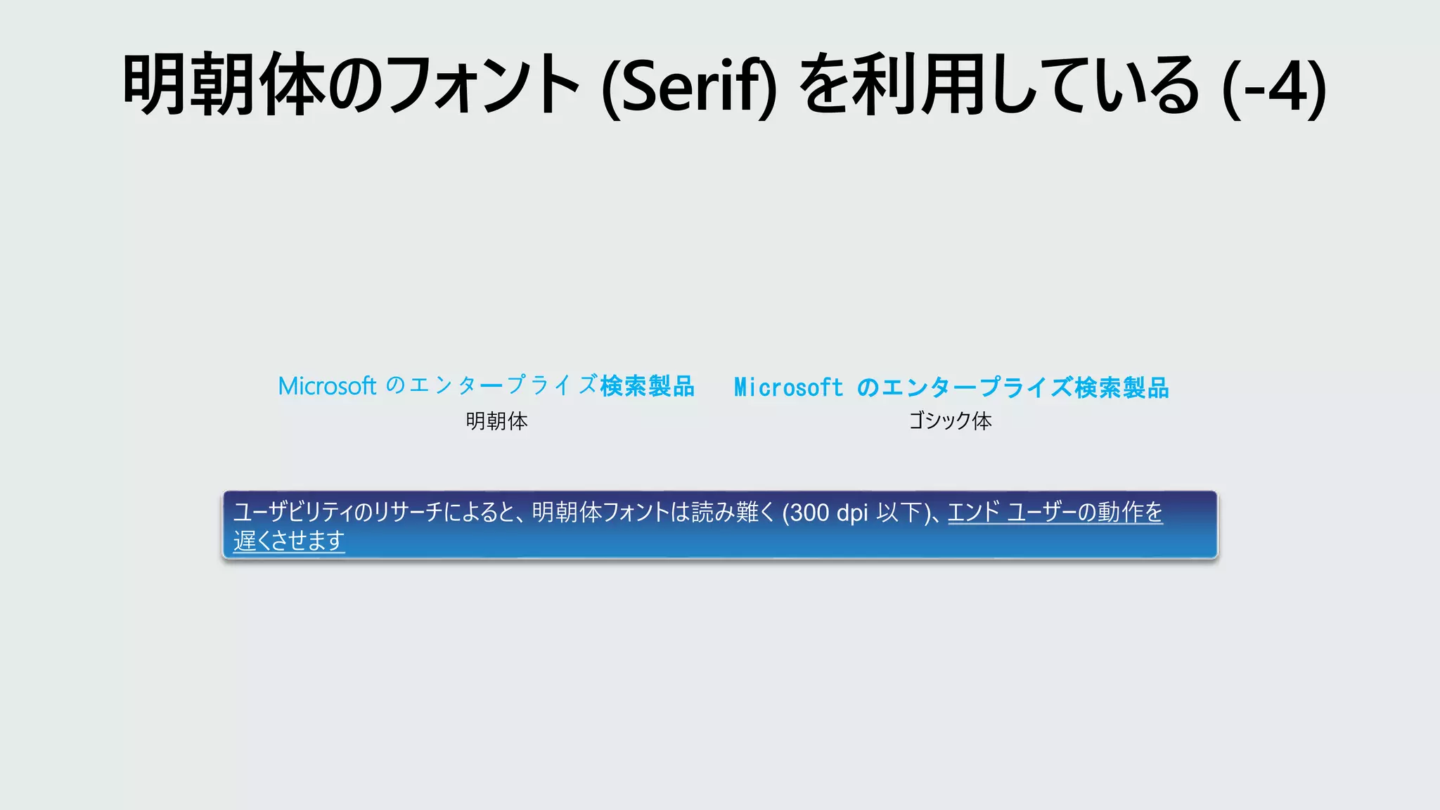 Microsoft のエンタープライズ検索製品
明朝体
ユーザビリティのリサーチによると、明朝体フォントは読み難く (300 dpi 以下)、エンド ユーザーの動作を
遅くさせます
Microsoft のエンタープライズ検索製品
ゴシック体
 