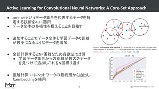 Mobility Technologies Co., Ltd.
25
● core-setというデータ集合を代表するデータを特
定する技術をALに適用
● データ全体の多様性を捉えることを目指す
● 追加することでデータ全体と学習データの距離
が最小になるようなデータを追加
● 全部計算するとNP困難なため貪欲法で計算
● 学習データ集合からの距離が最大のデータ
を見つけて追加しこれをN回繰り返す
● 距離計算にはネットワークの最終層から抽出し
たembeddingを使用
Active Learning for Convolutional Neural Networks: A Core-Set Approach
 