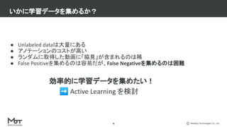 Mobility Technologies Co., Ltd.
4
● Unlabeled dataは大量にある
● アノテーションのコストが高い
● ランダムに取得した動画に「脇見」が含まれるのは稀
● False Positiveを集めるのは容易だが、False Negativeを集めるのは困難
効率的に学習データを集めたい！
➡ Active Learning を検討
いかに学習データを集めるか？
 