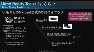 Mixed Reality Toolkit 3餤
- Mixed Reality Toolkit Ȥ
Unity򤱤MicrosoftʽOSS饤֥
2022/10/12 Copyright ? 2022 Takahiro Miyaura 5
?Unity
?ץåȥե`
?¥Щ`V2.8.2
?ݩ`ͥ
?ͨΥ󥿥饯
?UIȥ`
Unreal򤱤MRTK⤢ޤ
gBabylon.js⤢
Holotoolkit
HoloLens
Mixed Reality Toolkit
Windows Mixed Reality Devices
Mixed Reality Toolkit V2
HoloLens 1/2,VR Devices,Mobile AR
Mixed Reality Toolkit 3
New!!!
Mixed Reality Toolkit 3
Public Preview
^ĿĤʹäƤͣ
 