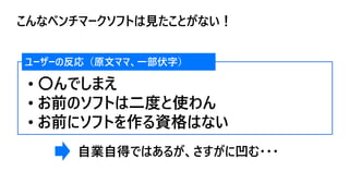 こんなベンチマークソフトは見たことがない！
• 〇んでしまえ
• お前のソフトは二度と使わん
• お前にソフトを作る資格はない
ユーザーの反応（原文ママ、一部伏字）
自業自得ではあるが、さすがに凹む・・・
 