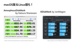 macOS版＆Linux版も！
AmorphousDiskMark
by Katsura Shareware
KDiskMark by JonMagon
https://www.katsurashareware.com/ja/amorphousdiskmark/ https://github.com/JonMagon/KDiskMark
 