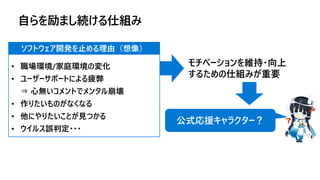 ソフトウェア開発を止める理由（想像）
• 職場環境/家庭環境の変化
• ユーザーサポートによる疲弊
⇒ 心無いコメントでメンタル崩壊
• 作りたいものがなくなる
• 他にやりたいことが見つかる
• ウイルス誤判定・・・
モチベーションを維持・向上
するための仕組みが重要
公式応援キャラクター？
自らを励まし続ける仕組み
 