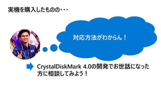 実機を購入したものの・・・
対応方法がわからん！
CrystalDiskMark 4.0の開発でお世話になった
方に相談してみよう！
 