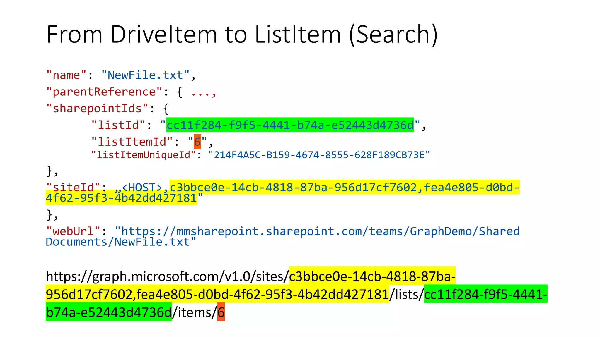 From DriveItem to ListItem (Search)
"name": "NewFile.txt",
"parentReference": { ...,
"sharepointIds": {
"listId": "cc11f284-f9f5-4441-b74a-e52443d4736d",
"listItemId": "6",
"listItemUniqueId": "214F4A5C-B159-4674-8555-628F189CB73E"
},
"siteId": „<HOST>,c3bbce0e-14cb-4818-87ba-956d17cf7602,fea4e805-d0bd-
4f62-95f3-4b42dd427181"
},
"webUrl": "https://mmsharepoint.sharepoint.com/teams/GraphDemo/Shared
Documents/NewFile.txt"
https://graph.microsoft.com/v1.0/sites/c3bbce0e-14cb-4818-87ba-
956d17cf7602,fea4e805-d0bd-4f62-95f3-4b42dd427181/lists/cc11f284-f9f5-4441-
b74a-e52443d4736d/items/6
 