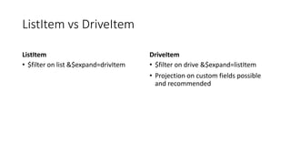 ListItem vs DriveItem
ListItem
• $filter on list &$expand=drivItem
DriveItem
• $filter on drive &$expand=listItem
• Projection on custom fields possible
and recommended
 