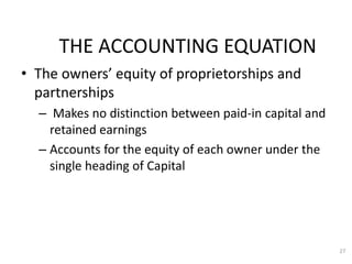 27
• The owners’ equity of proprietorships and
partnerships
– Makes no distinction between paid-in capital and
retained earnings
– Accounts for the equity of each owner under the
single heading of Capital
THE ACCOUNTING EQUATION
 