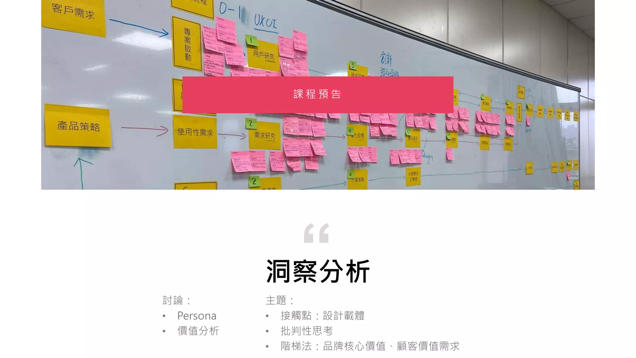 洞察分析
主題：
• 接觸點：設計載體
• 批判性思考
• 階梯法：品牌核心價值、顧客價值需求
“
課 程 預 告
討論：
• Persona
• 價值分析
 