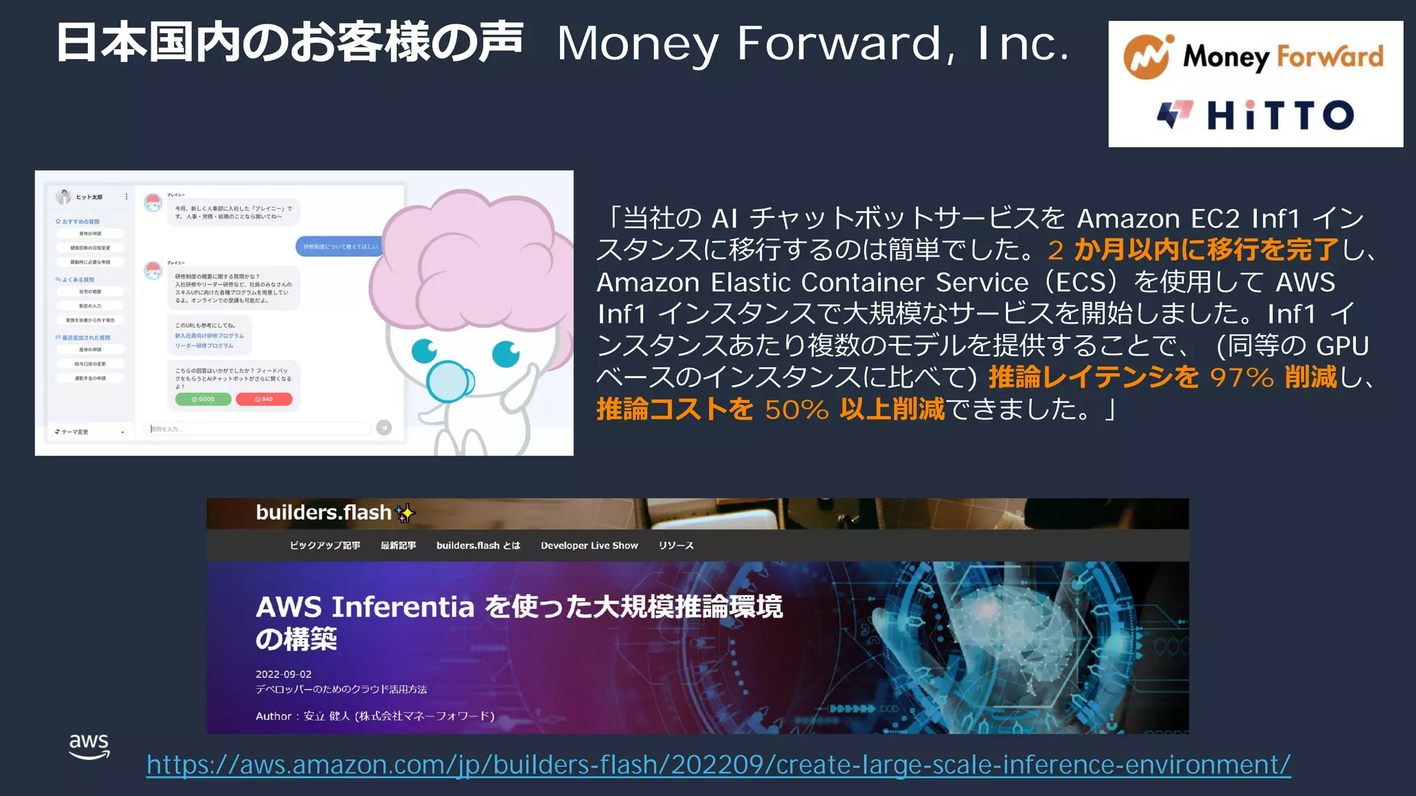 © 2022, Amazon Web Services, Inc. or its affiliates.
⽇本国内のお客様の声 Money Forward, Inc.
「当社の AI チャットボットサービスを Amazon EC2 Inf1 イン
スタンスに移⾏するのは簡単でした。2 か⽉以内に移⾏を完了し、
Amazon Elastic Container Service（ECS）を使⽤して AWS
Inf1 インスタンスで⼤規模なサービスを開始しました。Inf1 イ
ンスタンスあたり複数のモデルを提供することで、 (同等の GPU
ベースのインスタンスに⽐べて) 推論レイテンシを 97% 削減し、
推論コストを 50% 以上削減できました。」
https://aws.amazon.com/jp/builders-flash/202209/create-large-scale-inference-environment/
 
