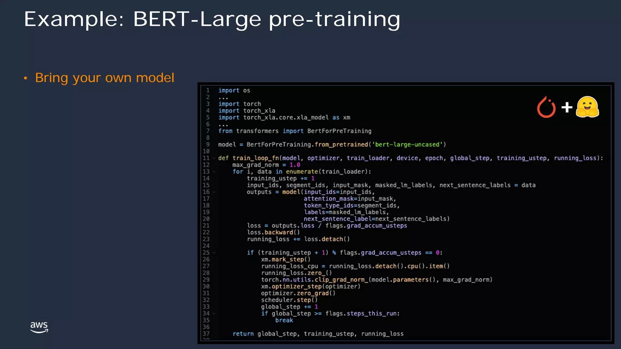 © 2022, Amazon Web Services, Inc. or its affiliates.
Example: BERT-Large pre-training
• Bring your own model
 