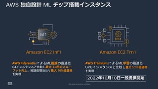 © 2022, Amazon Web Services, Inc. or its affiliates.
AWS 独⾃設計 ML チップ搭載インスタンス
Amazon EC2 Inf1 Amazon EC2 Trn1
AWS Inferentia によるML推論の最適化
G4インスタンスと比較し最大 2.3倍のスルー
プット向上、推論処理当たり最大 70%低価格
を実現
AWS Trainium によるML学習の最適化
GPUインスタンスと比較し最大 50%低価格
を実現
2022年10⽉10⽇⼀般提供開始
 