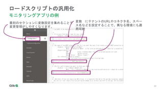 20
20
20
20
20
20
ロードスクリプトの汎用化
モニタリングアプリの例
最初のセクションに変数設定を集めることで
変更管理がしやすくなります。
変数 にテナントのURLやコネクタ名、スペー
ス名などを設定することで、異なる環境にも適
用可能
 