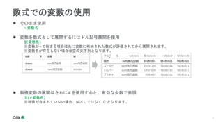 7
7
数式での変数の使用
 そのまま使用
=変数名
 変数を数式として展開するにはドル記号展開を使用
$(変数名)
※変数が=で始まる場合は先に変数に格納された数式が評価されてから展開されます。
※変数名が存在しない場合は空の文字列となります。
 数値変数の展開はさらに#を使用すると、有効な少数で表現
＄(#変数名)
※数値が含まれていない場合、NULL ではなく 0 となります。
 