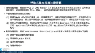 Copyright ITRI 工業技術研究院 版權所有 17
 環境荷載規範：根據 DNVGL-ST-0119 的建議，在浮動式風機的極限條件測試至少需以 50年作為
設計條件，波浪模擬時間 2 至 3 小時以上，以使波浪的非線性等狀態能較完整的呈現。
 平台結構設計與穩定性規範：
(1) 根據DNVGL-RP-0286的建議，在一般運轉情況下，浮動式風機的傾斜狀況在一定時間內平均
值不得超過5度，最大值不得超過10度。在停機且極端條件情況下，傾斜狀況不得超過15度。
(2) 另在水平運動的部分，根據COREWIND D3.1的報告在水深60-100公尺的最大飄移距離為30
公尺，在100-250公尺水深的地方則為30-60公尺，在大於250公尺水深的地方則為水深的5-
12%。
 動態海纜設計：根據COREWIND D3.1和DNVGL-ST-0145的建議，海纜設計需要考量以下幾點：
(1) 連結平台的運動及飄移範圍
(2) 環境條件(波浪、潮流等)
(3) 海洋生物附著性
(4) 海纜系統成本
浮動式離岸風機技術規範
 