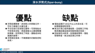 Copyright ITRI 工業技術研究院 版權所有 24
優點
浮筒結構簡單，具有較少的移動元件，
可在工廠進行大量生產。
平台在拖行至安裝位置時，可用拖船水
平拖曳至定點，再垂直豎立以連接繫纜
與風機，從而降低了佈放、運輸成本和
風機的損壞。
浮筒穩定度高，不需要額外的動態控制
系統。
缺點
僅能設置於120公尺以上的深水區，可
設置範圍相對受限。
無法於港口或岸邊組裝，且組裝工作船
需具備起重設施與有動態穩定係統。
因設施吃水較深，如風機故障時，僅能
現場修復，無法拖回港口作業。
深水浮筒式(Spar-buoy)
 