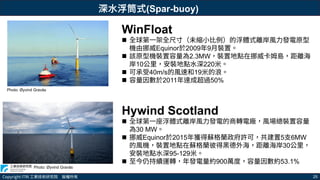 Copyright ITRI 工業技術研究院 版權所有 25
Photo: Øyvind Gravås
WinFloat
 全球第一架全尺寸（未縮小比例）的浮體式離岸風力發電原型
機由挪威Equinor於2009年9月裝置。
 該原型機裝置容量為2.3MW，裝置地點在挪威卡姆島，距離海
岸10公里，安裝地點水深220米。
 可承受40m/s的風速和19米的浪。
 容量因數於2011年達成超過50%
Hywind Scotland
 全球第一座浮體式離岸風力發電的商轉電廠，風場總裝置容量
為30 MW。
 挪威Equinor於2015年獲得蘇格蘭政府許可，共建置5支6MW
的風機，裝置地點在蘇格蘭彼得黑德外海，距離海岸30公里，
安裝地點水深95-129米。
 至今仍持續運轉，年發電量約900萬度，容量因數約53.1%
Photo: Øyvind Gravås
深水浮筒式(Spar-buoy)
 