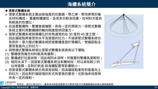 Copyright ITRI 工業技術研究院 版權所有 30
 張緊式繫纜系統
 張緊式繫纜系統主要由高強度的尼龍繩、聚乙烯、聚丙烯等的複
合材料構成， 重量較鐵鏈低，且成本也較為低廉，在材料方面具
有較高的性價比。
 在設置繫纜時，繫纜會被繃緊，具有一定的預張力，張緊式繫纜
系統主要利用繫纜繩的軸向剛度提供回復力。
 張緊式繫纜系統與導纜孔的夾角通常約在 30 度到 45 度之間，
因此錨碇點將會受到水平及垂直的拉力，不過張緊式繫纜系統也
有例外，張力腿式繫纜系統即是繫纜垂直於導纜孔，使錨碇點主
要受垂直向上的拉力。
 與懸鏈式繫纜系統相比張緊式繫纜系統具有以下優點:
(1) 繫纜使用複合材料較具有優勢；
(2) 繫纜處於拉直狀態，因此相同水深時，所需要的繫纜長度較短；
(3) 相同水深下，因張緊式繫纜系統沒有觸地段，所以具有較少的
佔地面積，且對於航道 與海纜配置等影響較小。
 但是張緊式繫纜系統也有具有缺點，因為錨碇點會受到垂直向上
的拉力，因此對於錨碇塊的形式有更高的要求，也對海床地質條
件有一定的限制。
參考自：成功大學(2021)，臺灣海洋綠能發展解決方案海洋能浮台繫纜關鍵技術委託專業服務案
海纜系統簡介
 