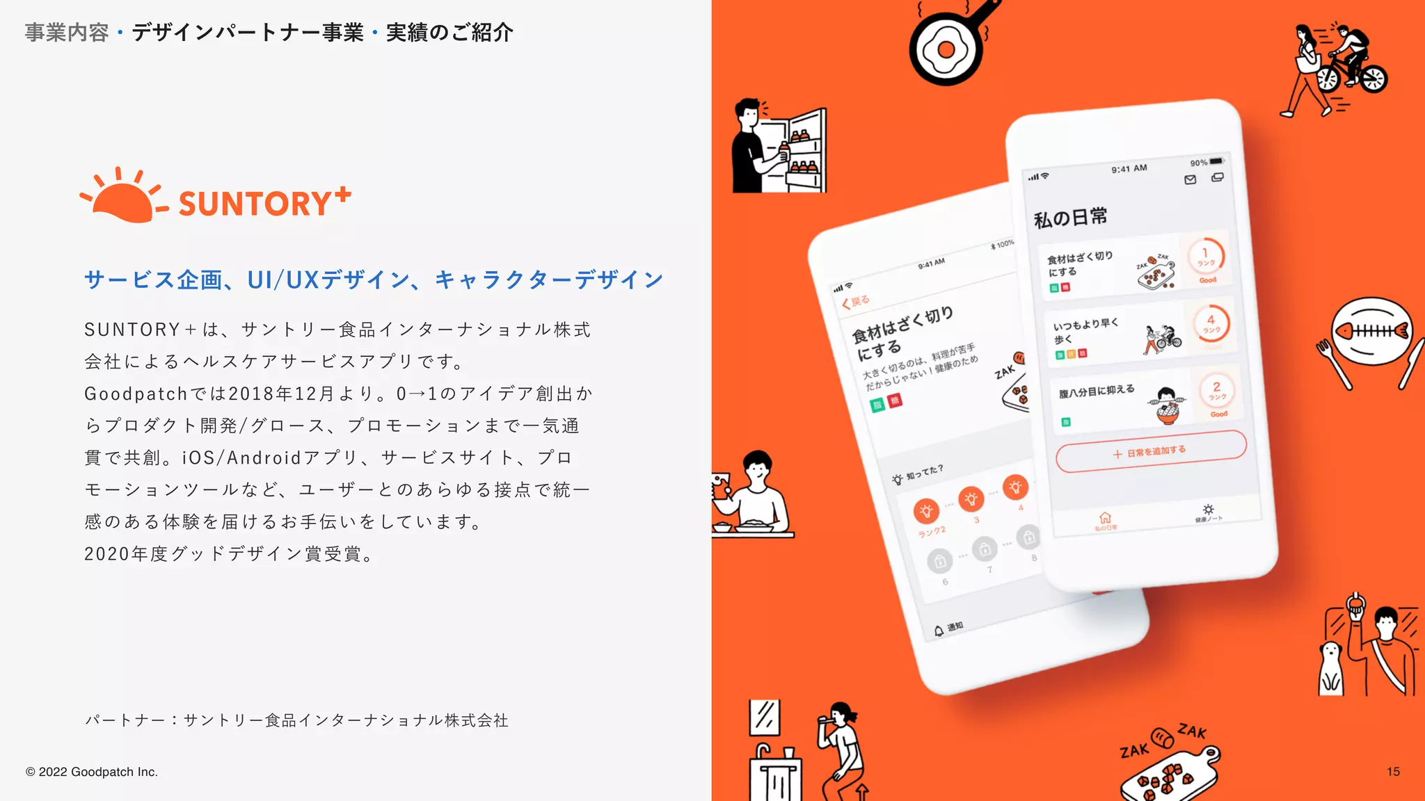 © 2022 Goodpatch Inc.
15
SUNTORY＋は、サントリー食品インターナショナル株式
会社によるヘルスケアサービスアプリです。
Goodpatchでは2018年12月より。0→1のアイデア創出か
らプロダクト開発/グロース、プロモーションまで一気通
貫で共創。iOS/Androidアプリ、サービスサイト、プロ
モーションツールなど、ユーザーとのあらゆる接点で統一
感のある体験を届けるお手伝いをしています。
2020年度グッドデザイン賞受賞。
サービス企画、UI/UXデザイン、キャラクターデザイン
事業内容・デザインパートナー事業・実績のご紹介
パートナー：サントリー食品インターナショナル株式会社
15
 
