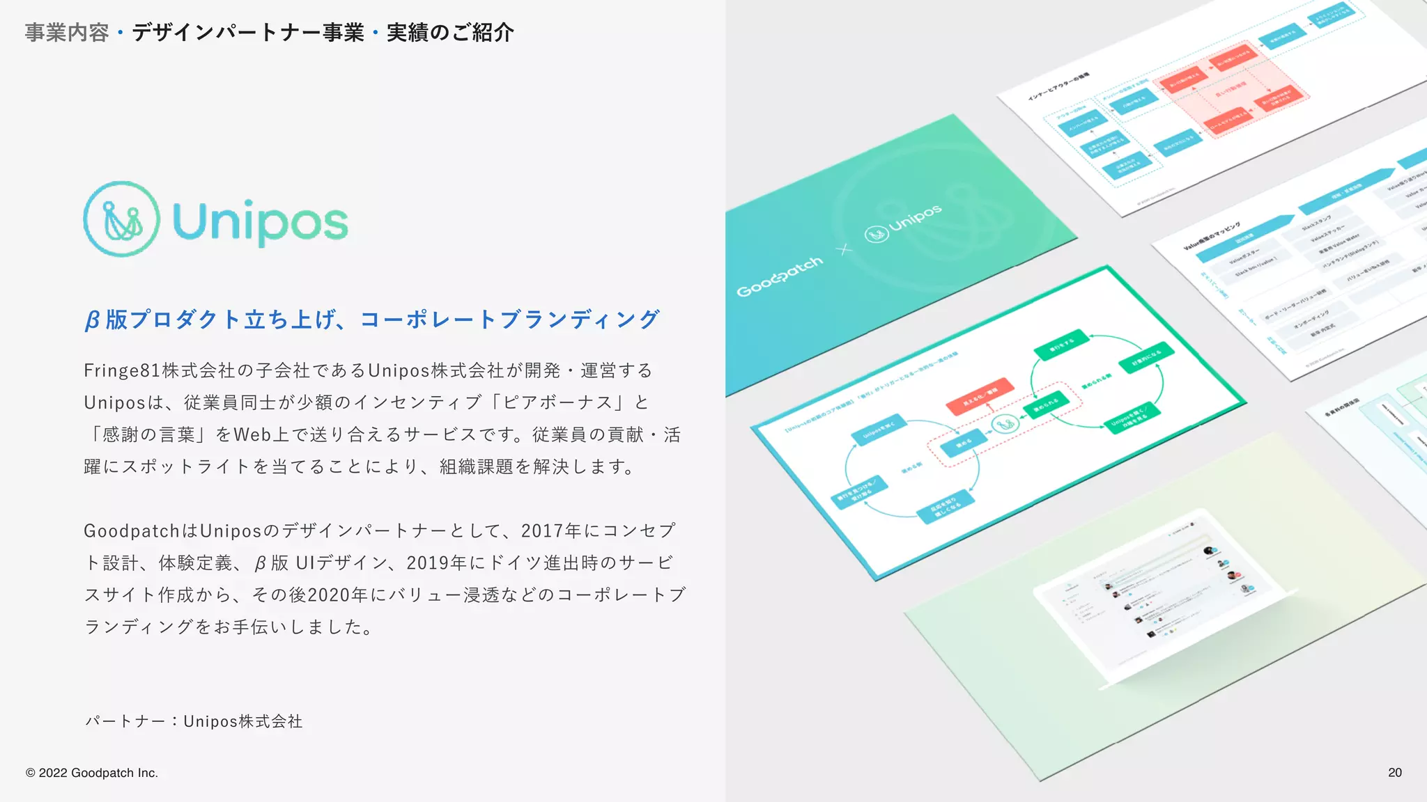 © 2022 Goodpatch Inc.
20
Fringe81株式会社の子会社であるUnipos株式会社が開発・運営する
Uniposは、従業員同士が少額のインセンティブ「ピアボーナス」と
「感謝の言葉」をWeb上で送り合えるサービスです。従業員の貢献・活
躍にスポットライトを当てることにより、組織課題を解決します。
GoodpatchはUniposのデザインパートナーとして、2017年にコンセプ
ト設計、体験定義、β版 UIデザイン、2019年にドイツ進出時のサービ
スサイト作成から、その後2020年にバリュー浸透などのコーポレートブ
ランディングをお手伝いしました。
β版プロダクト立ち上げ、コーポレートブランディング
パートナー：Unipos株式会社
事業内容・デザインパートナー事業・実績のご紹介
20
 
