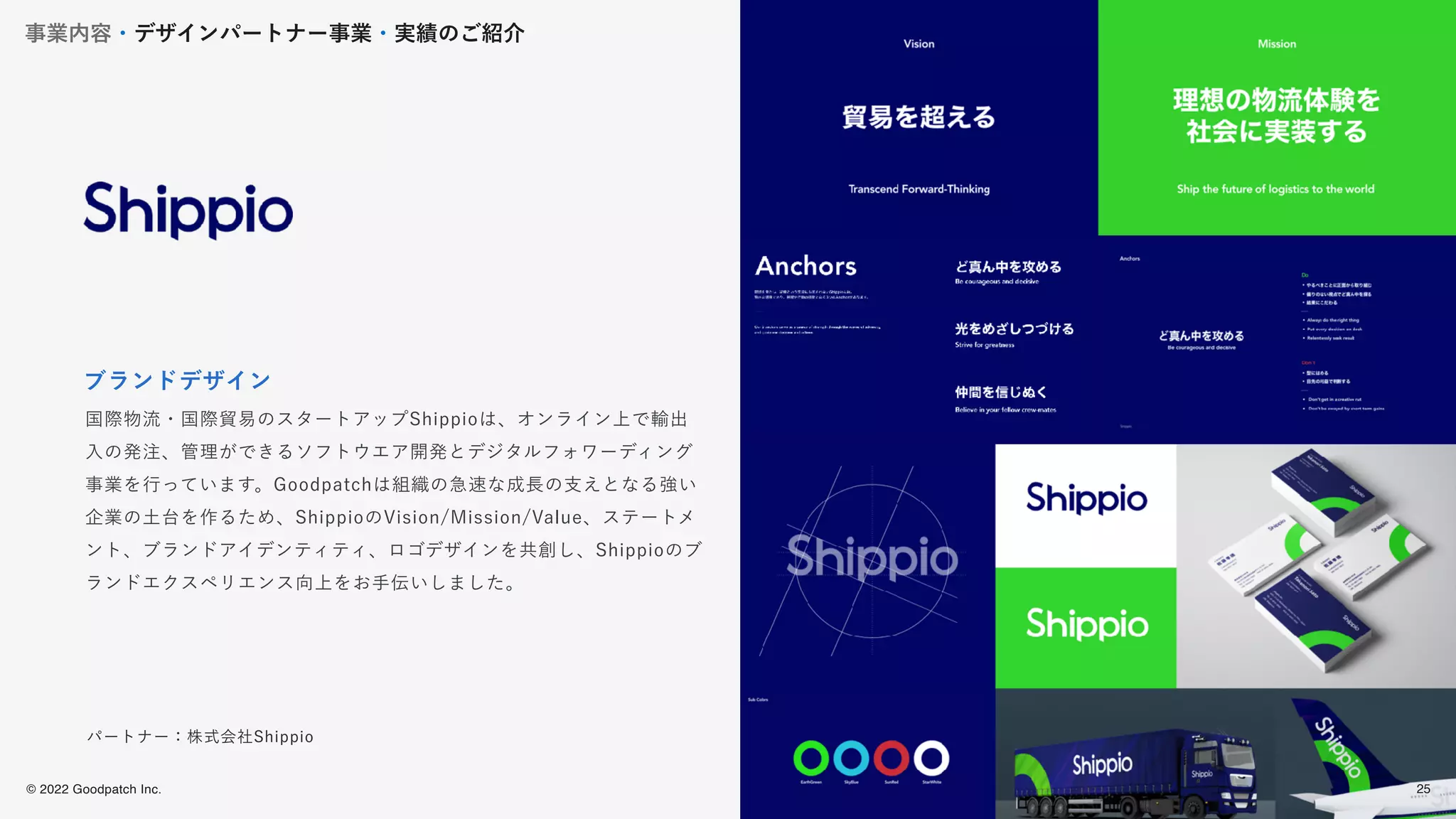 © 2022 Goodpatch Inc.
25
国際物流・国際貿易のスタートアップShippioは、オンライン上で輸出
入の発注、管理ができるソフトウエア開発とデジタルフォワーディング
事業を行っています。Goodpatchは組織の急速な成長の支えとなる強い
企業の土台を作るため、ShippioのVision/Mission/Value、ステートメ
ント、ブランドアイデンティティ、ロゴデザインを共創し、Shippioのブ
ランドエクスペリエンス向上をお手伝いしました。
ブランドデザイン
パートナー：株式会社Shippio
事業内容・デザインパートナー事業・実績のご紹介
25
 