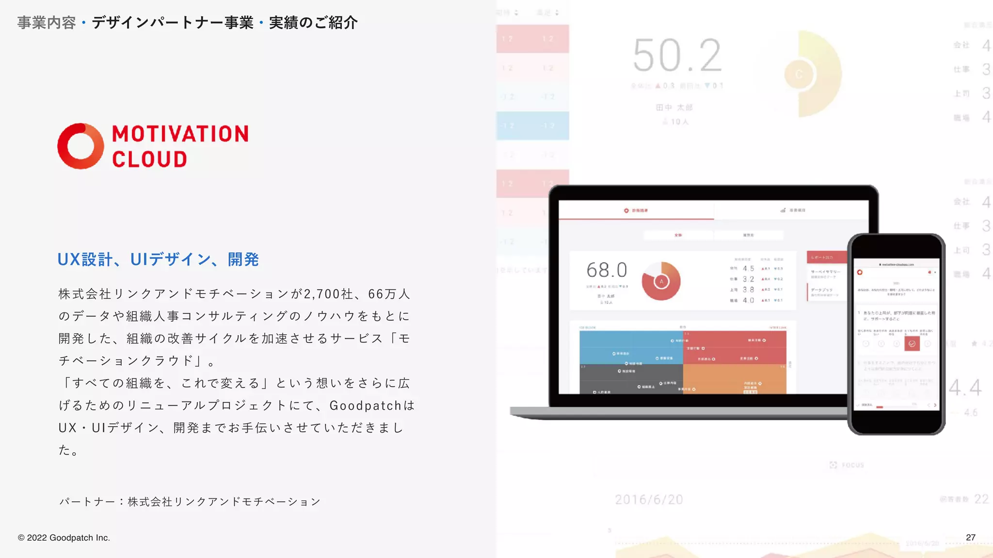 © 2022 Goodpatch Inc.
27
戦略･企画･設計 開発･実装
株式会社リンクアンドモチベーションが2,700社、66万人
のデータや組織人事コンサルティングのノウハウをもとに
開発した、組織の改善サイクルを加速させるサービス「モ
チベーションクラウド」。
「すべての組織を、これで変える」という想いをさらに広
げるためのリニューアルプロジェクトにて、Goodpatchは
UX・UIデザイン、開発までお手伝いさせていただきまし
た。
UX設計、UIデザイン、開発
パートナー：株式会社リンクアンドモチベーション
事業内容・デザインパートナー事業・実績のご紹介
27
 