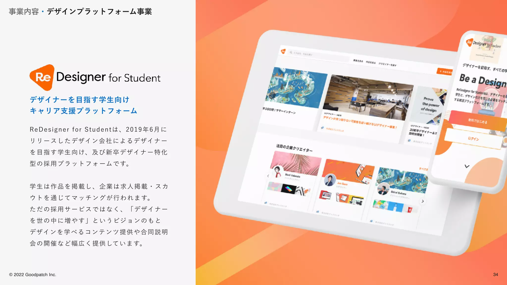 © 2022 Goodpatch Inc.
34
事業内容・デザインプラットフォーム事業
戦略･企画･設計
ReDesigner for Studentは、2019年6月に
リリースしたデザイン会社によるデザイナー
を目指す学生向け、及び新卒デザイナー特化
型の採用プラットフォームです。
学生は作品を掲載し、企業は求人掲載・スカ
ウトを通じてマッチングが行われます。
ただの採用サービスではなく、「デザイナー
を世の中に増やす」というビジョンのもと
デザインを学べるコンテンツ提供や合同説明
会の開催など幅広く提供しています。
デザイナーを目指す学生向け
キャリア支援プラットフォーム
34
 