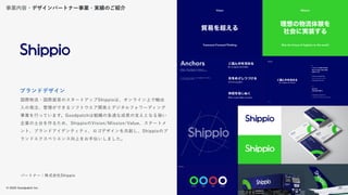 © 2022 Goodpatch Inc.
25
国際物流・国際貿易のスタートアップShippioは、オンライン上で輸出
入の発注、管理ができるソフトウエア開発とデジタルフォワーディング
事業を行っています。Goodpatchは組織の急速な成長の支えとなる強い
企業の土台を作るため、ShippioのVision/Mission/Value、ステートメ
ント、ブランドアイデンティティ、ロゴデザインを共創し、Shippioのブ
ランドエクスペリエンス向上をお手伝いしました。
ブランドデザイン
パートナー：株式会社Shippio
事業内容・デザインパートナー事業・実績のご紹介
25
 