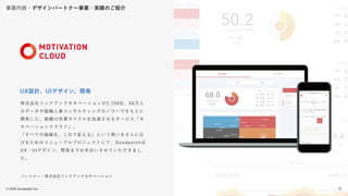 © 2022 Goodpatch Inc.
27
戦略･企画･設計 開発･実装
株式会社リンクアンドモチベーションが2,700社、66万人
のデータや組織人事コンサルティングのノウハウをもとに
開発した、組織の改善サイクルを加速させるサービス「モ
チベーションクラウド」。
「すべての組織を、これで変える」という想いをさらに広
げるためのリニューアルプロジェクトにて、Goodpatchは
UX・UIデザイン、開発までお手伝いさせていただきまし
た。
UX設計、UIデザイン、開発
パートナー：株式会社リンクアンドモチベーション
事業内容・デザインパートナー事業・実績のご紹介
27
 