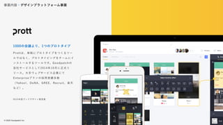 © 2022 Goodpatch Inc.
35
事業内容・デザインプラットフォーム事業
戦略･企画･設計 開発･実装
Prottは、単純にプロトタイプをつくるツー
ルではなく、プロトタイピングをチームにイ
ンストールするツールです。Goodpatchの
自社サービスとして2014年10月に正式リ
リース。大手ウェブサービス企業にて
Enterpriseプランの採用実績多数
（Yahoo!、DeNA、GREE、Recruit、楽天
など）。
1000の会議より、1つのプロトタイプ
2015年度グッドデザイン賞受賞
35
 