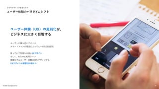 © 2022 Goodpatch Inc.
ユーザー体験のパラダイムシフト
ユーザー体験（UX）の差別化が、
ビジネスに大きく影響する
ユーザーに最も近いデバイス
スマートフォンの普及によって人々の生活は変化
使っていて気持ちの良いUIデザイン
そして、あらゆる利用シーン
複雑化するユーザー体験全体をデザインする
UXデザインの重要性の高まり
なぜ今デザインが重要なのか
42
 