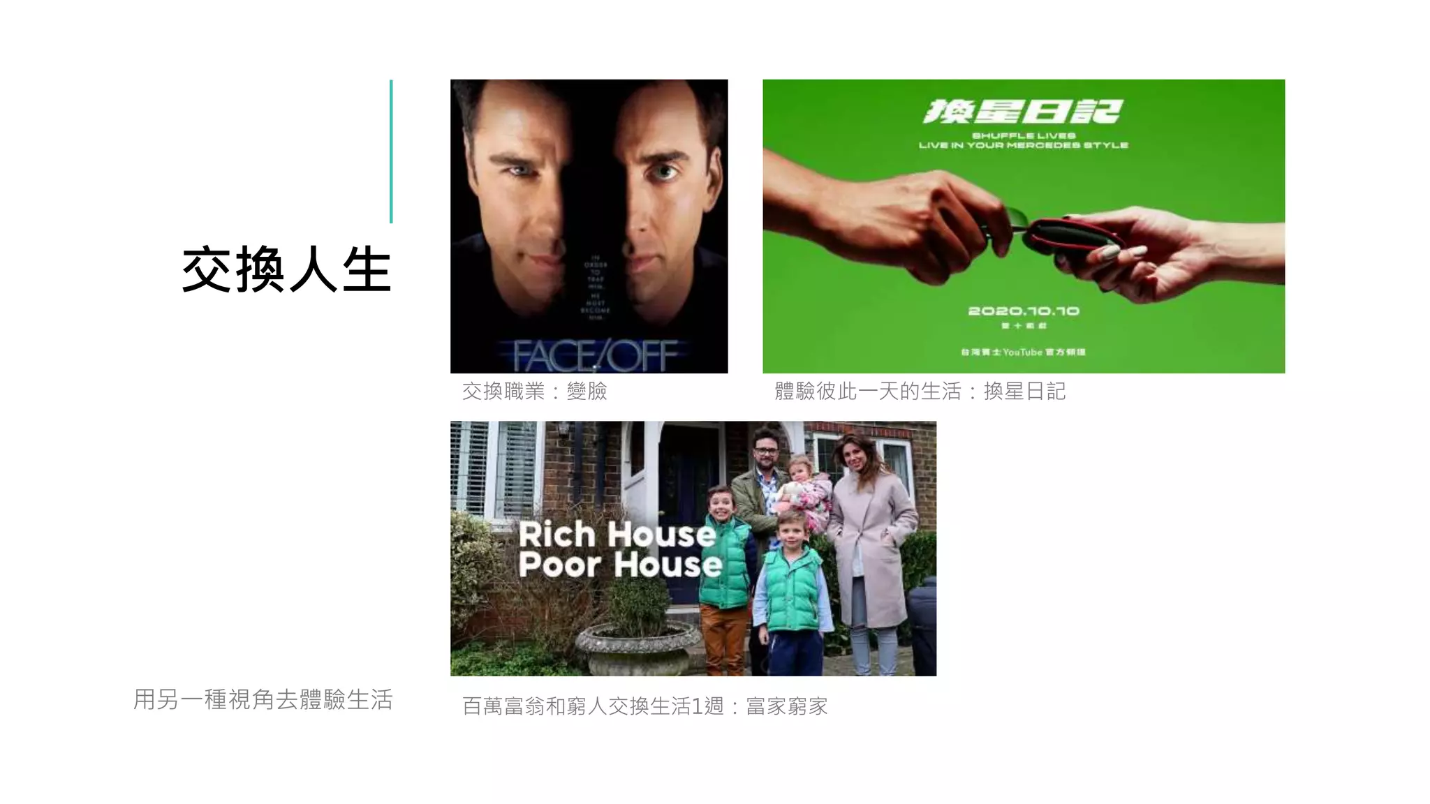 交換人生
用另一種視角去體驗生活
交換職業：變臉 體驗彼此一天的生活：換星日記
百萬富翁和窮人交換生活1週：富家窮家
 