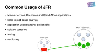 Common Usage of JFR
• Micros-Services, Distributes and Stand-Alone applications
• helps in root-cause analysis
• application understanding, bottlenecks
• solution correctes
• testing
• monitoring
Let’s split
More Pods there…
 