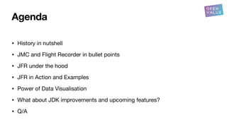 Agenda
• History in nutshell
• JMC and Flight Recorder in bullet points
• JFR under the hood
• JFR in Action and Examples
• Power of Data Visualisation
• What about JDK improvements and upcoming features?
• Q/A
 