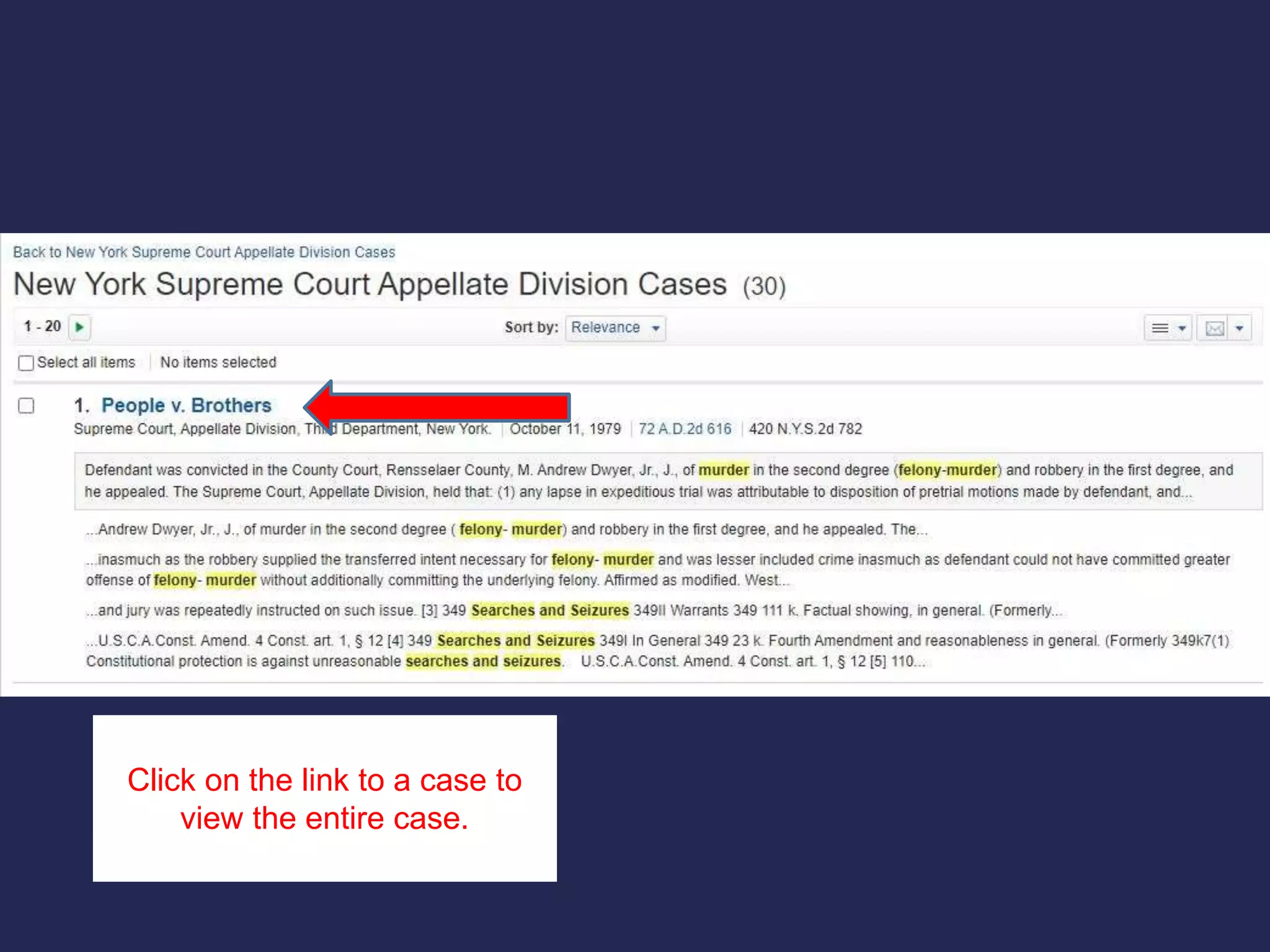 Click on the link to a case to
view the entire case.