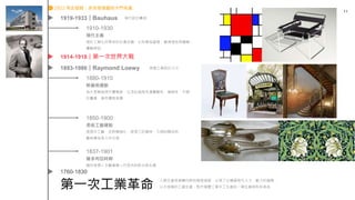 第一次工業革命
11
人類生產逐漸轉向新的製造過程，出現了以機器取代人力、獸力的趨勢，
以大規模的工廠生產，取代個體工場手工生產的一場生產與科技革命
1760-1830
1893-1986｜Raymond Loewy 美國工業設計之父
1910-1930
現代主義
源於工業化所帶來的社會改變，以科學為基礎，重視理性與邏輯，
實驗探証
1880-1910
新藝術運動
為大眾創造現代優雅感，以及此風格充滿實驗性、複雜性，不適
於量產，進而價格高貴
1850-1900
美術工藝運動
提倡手工藝、反對機械化，提倡工匠精神，力倡回歸自然
藝術應為眾人所分享
1919-1933｜Bauhaus 現代設計鼻祖
1914-1918｜第一次世界大戰
1837-1901
維多利亞時期
融合哥德＋文藝復興＋巴洛克的新古典主義
1922 考古發展：埃及發現圖坦卡門老墓
 