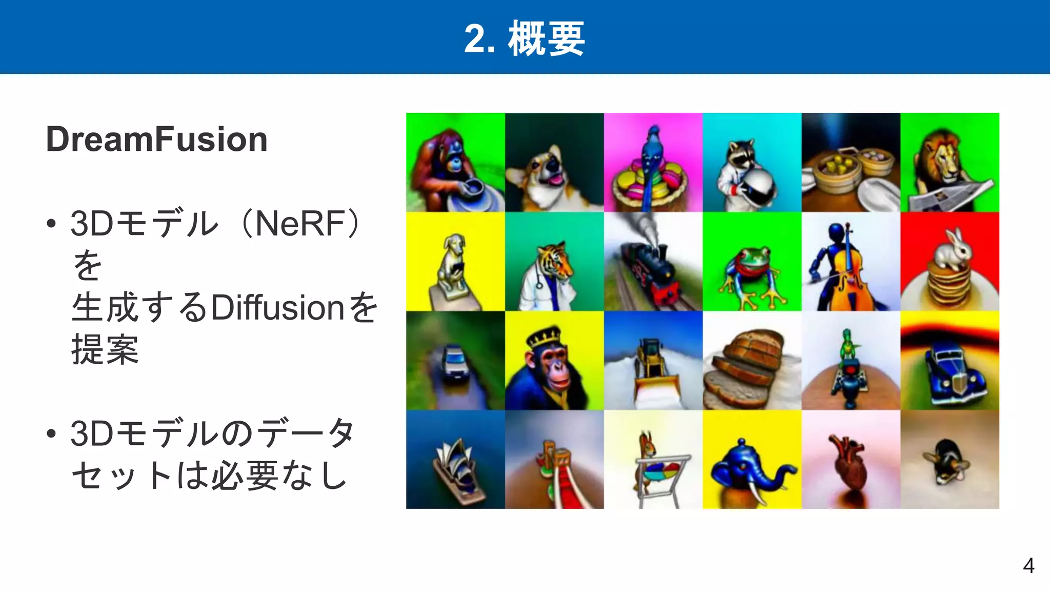 2. 概要
4
DreamFusion
• 3Dモデル（NeRF）
を
生成するDiffusionを
提案
• 3Dモデルのデータ
セットは必要なし
 