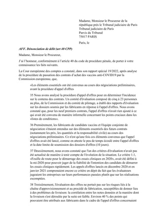 Madame, Monsieur le Procureur de la
république près le Tribunal judiciaire de Paris
Tribunal judiciaire de Paris
Parvis du...