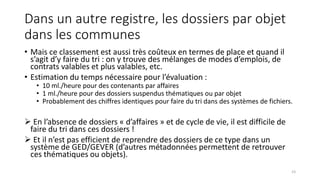 Dans un autre registre, les dossiers par objet
dans les communes
• Mais ce classement est aussi très coûteux en termes de place et quand il
s’agit d’y faire du tri : on y trouve des mélanges de modes d’emplois, de
contrats valables et plus valables, etc.
• Estimation du temps nécessaire pour l’évaluation :
• 10 ml./heure pour des contenants par affaires
• 1 ml./heure pour des dossiers suspendus thématiques ou par objet
• Probablement des chiffres identiques pour faire du tri dans des systèmes de fichiers.
 En l’absence de dossiers « d’affaires » et de cycle de vie, il est difficile de
faire du tri dans ces dossiers !
 Et il n’est pas efficient de reprendre des dossiers de ce type dans un
système de GED/GEVER (d’autres métadonnées permettent de retrouver
ces thématiques ou objets).
23
 