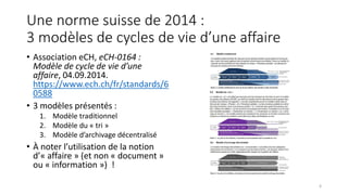 Une norme suisse de 2014 :
3 modèles de cycles de vie d’une affaire
• Association eCH, eCH-0164 :
Modèle de cycle de vie d’une
affaire, 04.09.2014.
https://www.ech.ch/fr/standards/6
0588
• 3 modèles présentés :
1. Modèle traditionnel
2. Modèle du « tri »
3. Modèle d’archivage décentralisé
• À noter l’utilisation de la notion
d’« affaire » (et non « document »
ou « information ») !
6
 