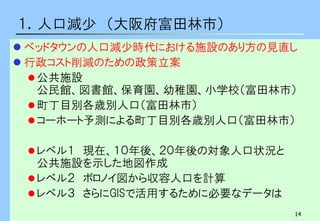 14
１．人口減少 （大阪府富田林市）
 ベッドタウンの人口減少時代における施設のあり方の見直し
 行政コスト削減のための政策立案
公共施設
公民館、図書館、保育園、幼稚園、小学校（富田林市）
町丁目別各歳別人口（富田林市）
コーホート予測による町丁目別各歳別人口（富田林市）
レベル１ 現在、１０年後、２０年後の対象人口状況と
公共施設を示した地図作成
レベル２ ボロノイ図から収容人口を計算
レベル３ さらにGISで活用するために必要なデータは
 