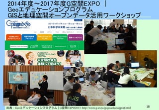 18
2014年度～2017年度G空間EXPO ｜
Geoエデュケーションプログラム
GISと地理空間オープンデータ活用ワークショップ
出典：Geoエデュケーションプログラム｜G空間EXPO2013: http://www.g-expo.jp/geoedu/support.html
 