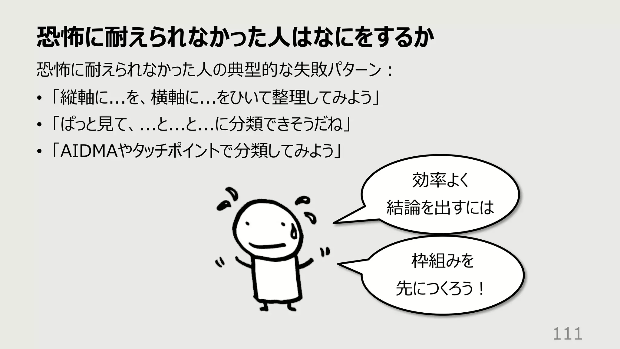 恐怖に耐えられなかった⼈はなにをするか
111
恐怖に耐えられなかった⼈の典型的な失敗パターン︓
• 「縦軸に...を、横軸に...をひいて整理してみよう」
• 「ぱっと⾒て、...と...と...に分類できそうだね」
• 「AIDMAやタッチポイントで分類してみよう」
効率よく
結論を出すには
枠組みを
先につくろう︕
 