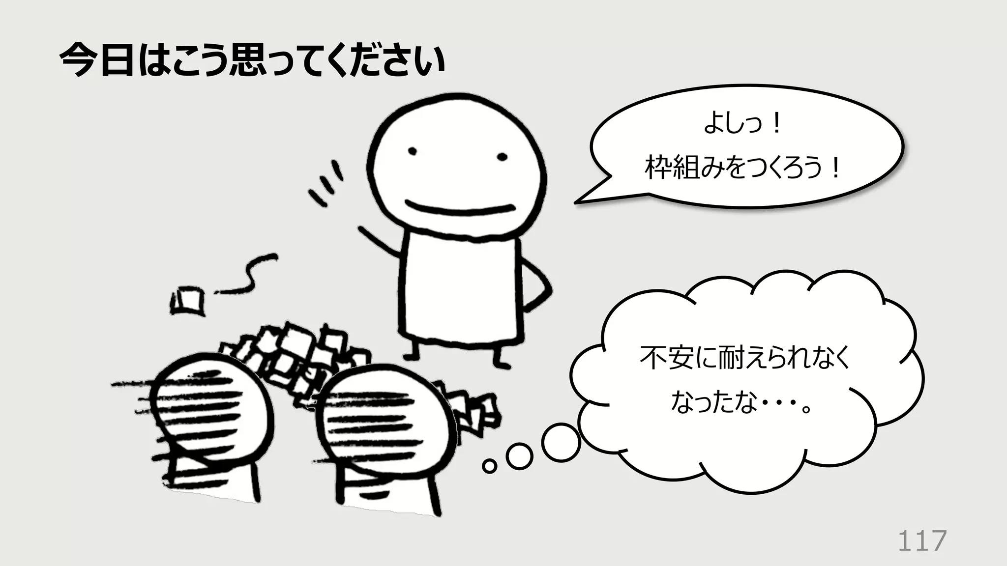 今⽇はこう思ってください
117
よしっ︕
枠組みをつくろう︕
不安に耐えられなく
なったな・・・。
 