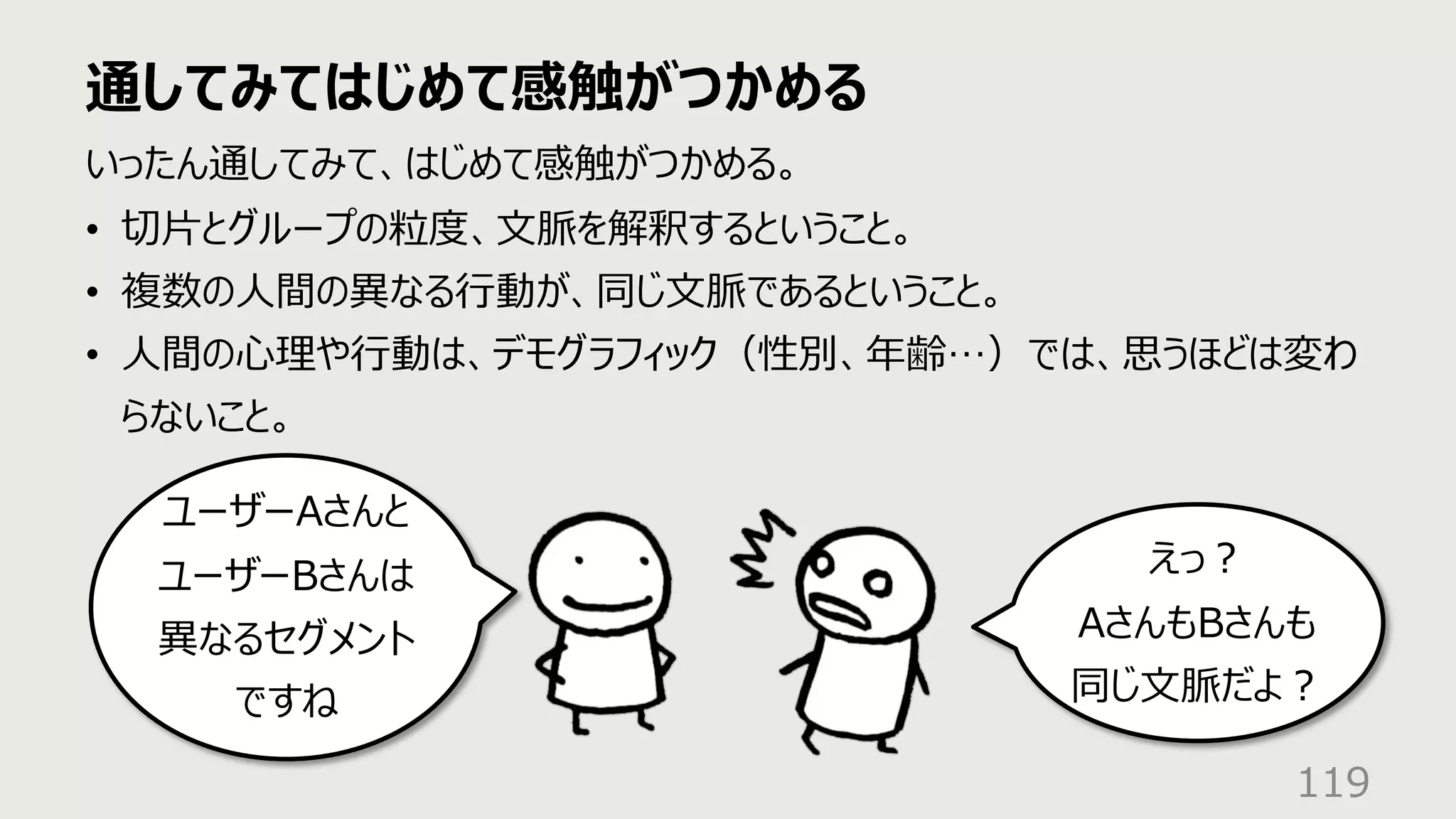 通してみてはじめて感触がつかめる
119
いったん通してみて、はじめて感触がつかめる。
• 切⽚とグループの粒度、⽂脈を解釈するということ。
• 複数の⼈間の異なる⾏動が、同じ⽂脈であるということ。
• ⼈間の⼼理や⾏動は、デモグラフィック（性別、年齢…）では、思うほどは変わ
らないこと。
ユーザーAさんと
ユーザーBさんは
異なるセグメント
ですね
えっ︖
AさんもBさんも
同じ⽂脈だよ︖
 