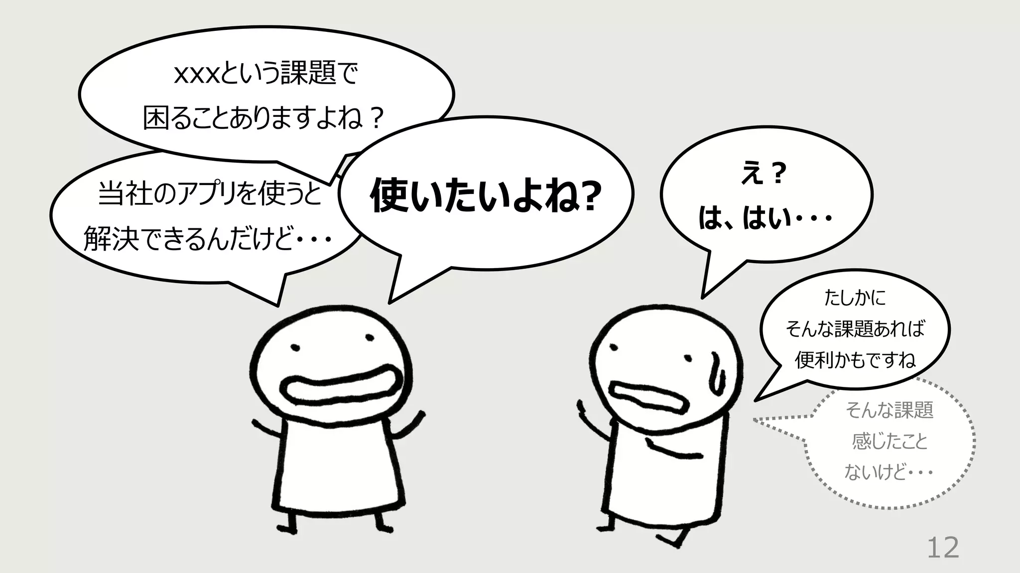 12
当社のアプリを使うと
解決できるんだけど・・・
え︖
は、はい・・・
xxxという課題で
困ることありますよね︖
使いたいよね?
そんな課題
感じたこと
ないけど・・・
たしかに
そんな課題あれば
便利かもですね
 