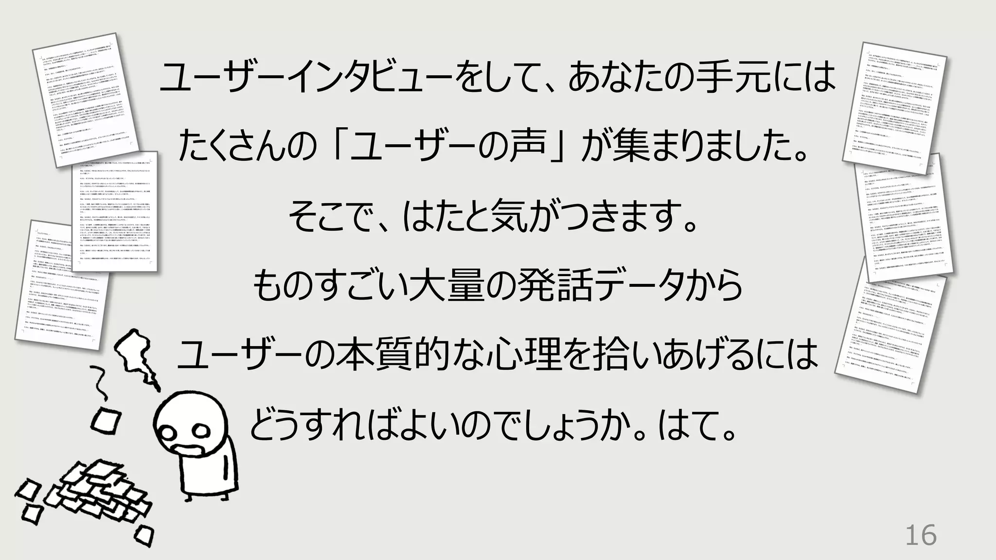 16
ユーザーインタビューをして、あなたの⼿元には
たくさんの 「ユーザーの声」 が集まりました。
そこで、はたと気がつきます。
ものすごい⼤量の発話データから
ユーザーの本質的な⼼理を拾いあげるには
どうすればよいのでしょうか。はて。
 