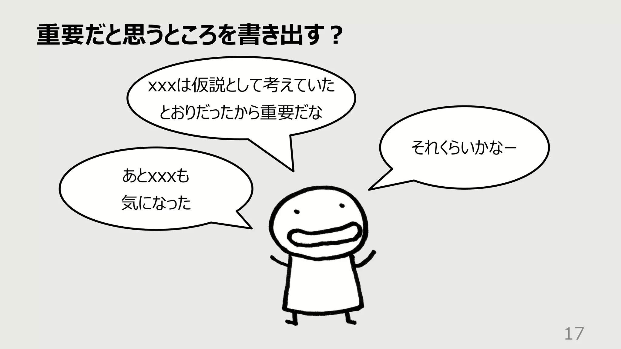 重要だと思うところを書き出す︖
17
あとxxxも
気になった
xxxは仮説として考えていた
とおりだったから重要だな
それくらいかなー
 