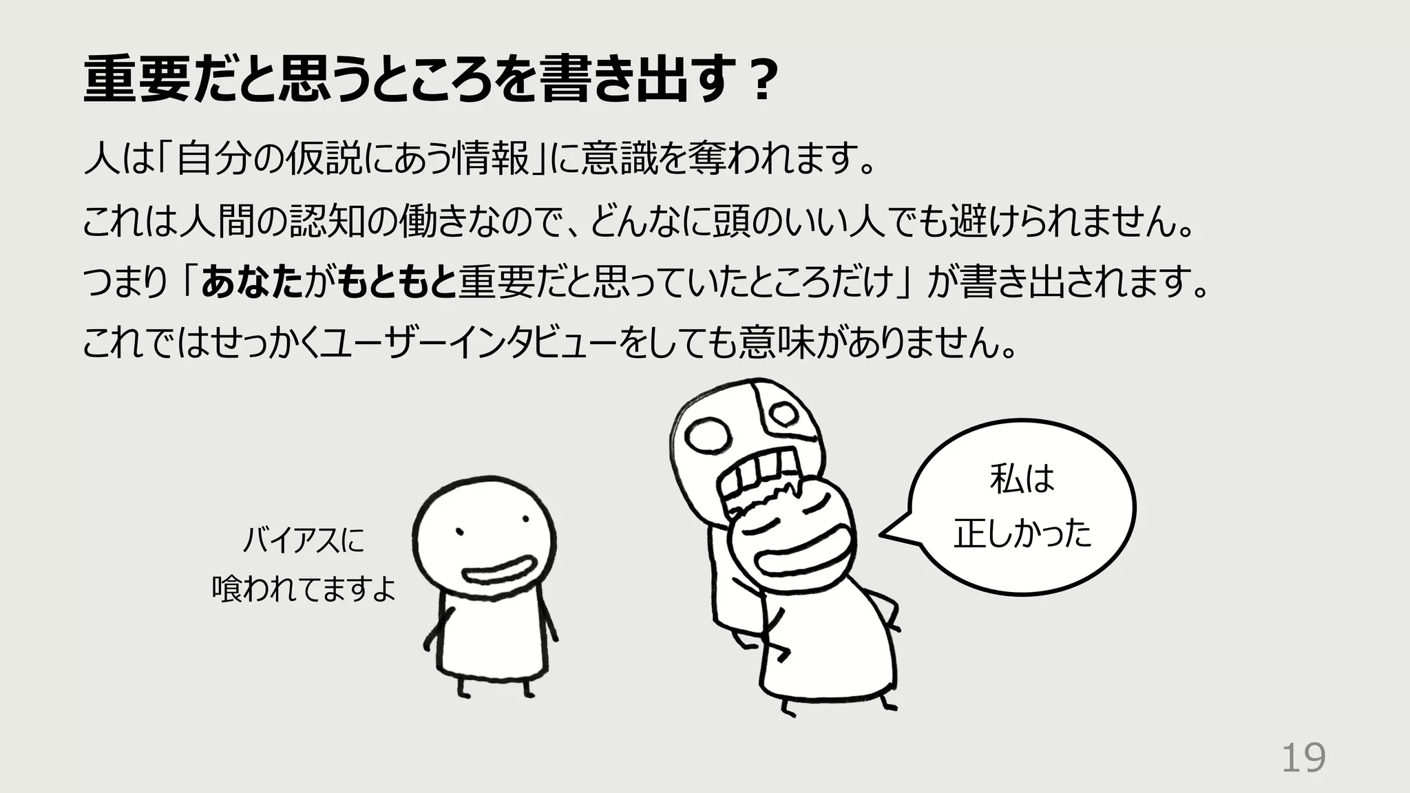 重要だと思うところを書き出す︖
19
⼈は「⾃分の仮説にあう情報」に意識を奪われます。
これは⼈間の認知の働きなので、どんなに頭のいい⼈でも避けられません。
つまり 「あなたがもともと重要だと思っていたところだけ」 が書き出されます。
これではせっかくユーザーインタビューをしても意味がありません。
私は
正しかった
バイアスに
喰われてますよ
 